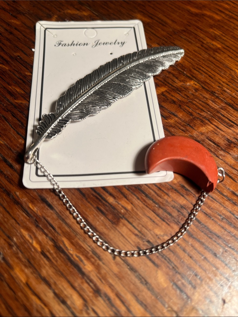 Fashion Jewelry Silver Feather Lapel Pin with Coral Crescent Accent